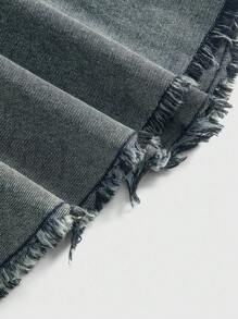 ROMWE Grunge Punk Y2K 磨边水洗做旧肩部镂空荷叶边超迷你牛仔吊带裙，浅蓝色 - 淺藍色 - 查看 3