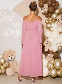 Loomaby 孕妇纯色露肩喇叭袖优雅连衣裙 - 粉色 - 查看 2