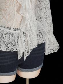 SHEIN ICON 大码女式优雅V领荷叶边蕾丝长袖衬衫，秋季，日期 - 白色 - 查看 8