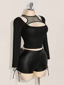 SHEIN ICON Shorts mini sexy negro de talle bajo con lazo lateral, adecuado para fiestas y reuniones, talla grande Y2K