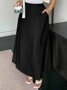 Dazy Plus 纯色系带口袋直筒长裙，夏季 - 黑色 - 查看 5