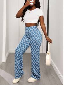 SHEIN SXY Women's Fashion Commuter All-Over Print Straight Leg Jeans - Multicolor - View 3