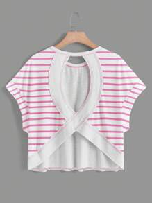 SHEIN Essnce Áo thun nữ cổ tròn hở lưng, viền bất đối xứng, màu hồng và trắng tương phản, thoải mái, không tay, thích hợp cho mùa hè - Nhiều màu - Xem 4