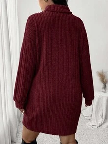 SHEIN Frenchy 休闲简约高领罗纹拉绒连衣裙，加大码，适合秋冬休闲居家穿着 - 酒紅色 - 查看 2