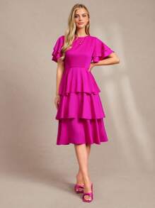 Amorya 女式纯色荷叶边下摆多层连衣裙 - 玫紅色 - 查看 7