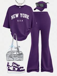 SHEIN Girlism Tween Girls Purple T-Shirt Co-Ords With Round Neck And Flared Pants Tween Girls Outfit In Purple With Short Sleeves And Regular Length For Daily Wear Purple Outfit Purple Clothes New York Outfit Purple Outfits For Girls Purple Outfits For Teens Teen Girl Outfits