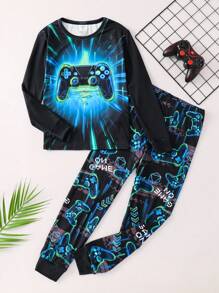 SHEIN Set de pijama suave y cómodo con camiseta de manga larga con cuello redondo y pantalones con estampado de consola de juegos que brilla en la oscuridad para niño preadolescente, 2 piezas - Negro - Ver 2