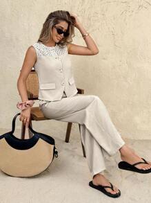 SHEIN Frenchy Damen Kontrast Spitze Einreiher Weste und Hose Lässig 2 Stücke Set