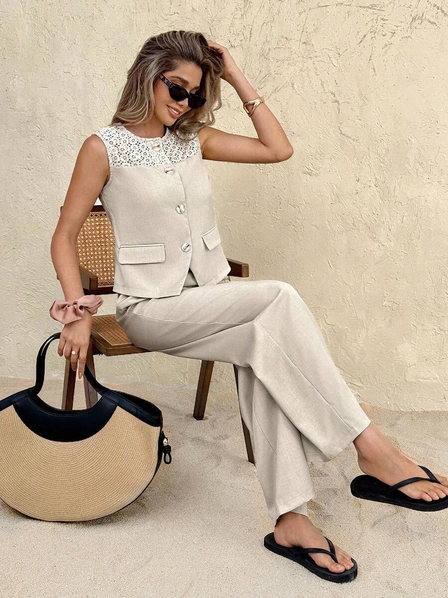 SHEIN Frenchy Damen Kontrast Spitze Einreiher Weste und Hose Lässig 2 Stücke Set