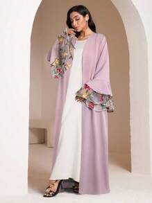 Al Najma Women's Floral Embroidered Mesh Flare Sleeve Arabic Abaya Cardigan