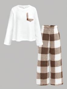 SHEIN 2pcs Teen Girl Plaid Pocket Decor Round Neck Long Sleeve Pajama Set With Plaid Pants, Comfortable Flannel Sleepwear For Autumn/Winter - Khaki - View 9