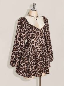 SHEIN ICON Plus Size Leopard Print Lantern Sleeve Cinched Waist A-Line Mini Dress,Beige,Autumn,Classy,Night Out Club,Y2K Style Long Sleeve Dates Parties Dress - Multicolor - View 5