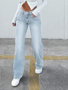 EURMUSE 100%Cotton Women's Casual Bleashed Straight Leg Jeans - Baby Blue - View 3