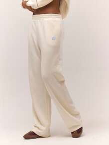 MUSERA Wide Leg Elasticated Waist Relaxed Logo Embroidered Joggers Co-Ord Bottoms Only Fall Autumn Old Money Cute Country Cottage Core Back To School Butter Yellow Casual For Women Butterscotch Fall Autumn Winter S Party - Beige - View 1
