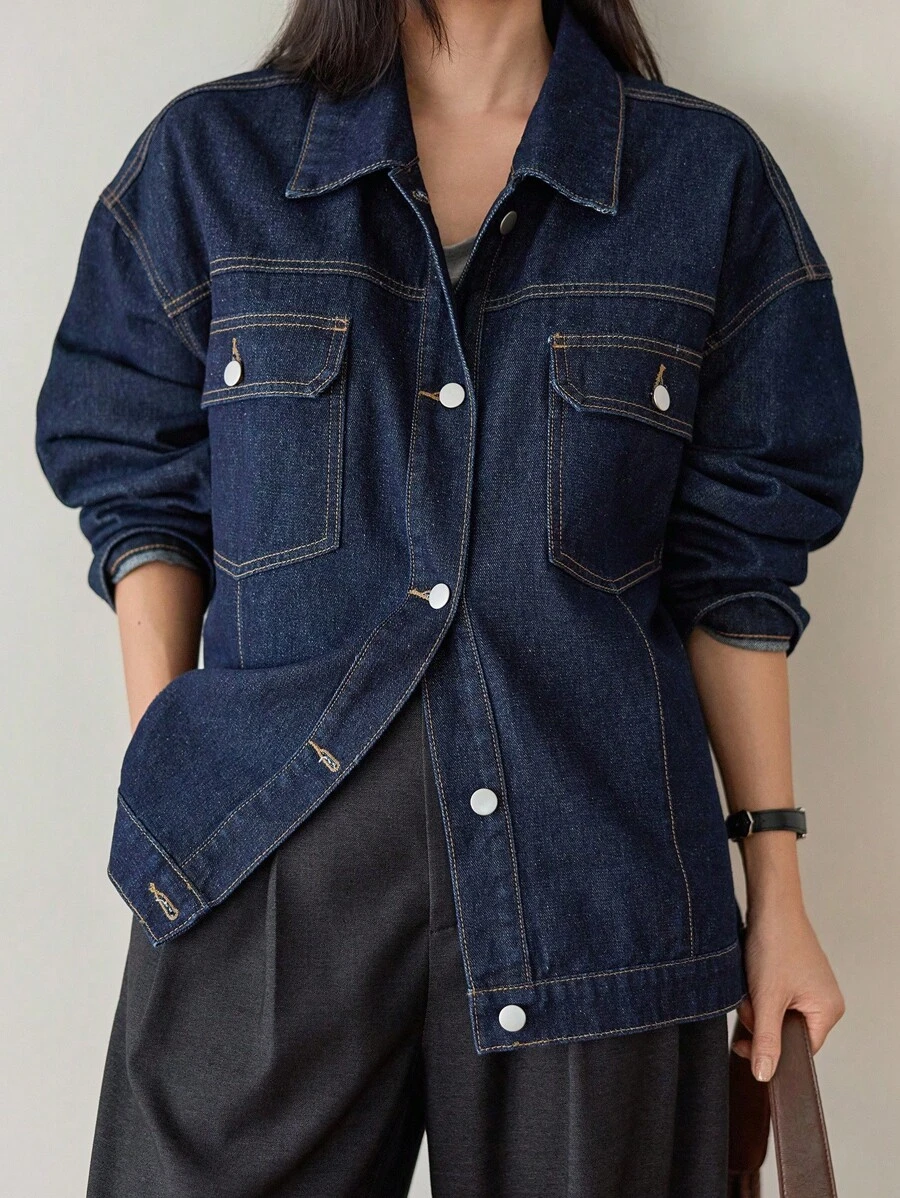 Dazy-Less 女士宽松商务休闲工装风格牛仔夹克，大口袋，适合秋冬季