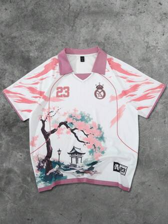 Street Life Men's Polo Shirt, Casual Sports Sakura & English Text Graphic Print Short Sleeve Polo Shirt Jersey