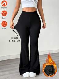 SHEIN EZwear Damskie, jednokolorowe, swobodne, obcisłe spodnie dzwony z rozcięciem u dołu