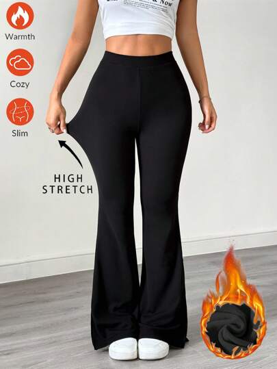 SHEIN EZwear 女式纯色休闲开衩紧身喇叭裤