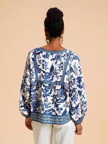 Travachic 女士印花系领宽松度假衬衫，长袖蓝白印花上衣，蓝白印花女式夏季衬衫，波西米亚风衬衫，田园风衬衫，休闲女装，秋季女装，时尚秋季，外出，乡村风格女装 - 藍白色 - 查看 2