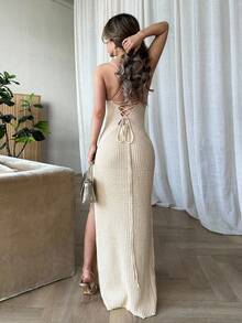 Jemour Women Simple Elegant Fashion Sexy Criss-Cross Backless Side Slit Bodycon Midi Knit Dress - Khaki - View 2