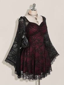 Nezia Cruz Plus Size Square Neck Ruched Lace Flare Sleeve Contrast Color Goth Dress, Y2K Party Dress, Halloween Costume, Witch Vampire Dress - Multicolor - View 8