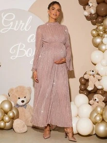 Loomaby 孕妇荷叶边领喇叭袖褶皱亮面连衣裙