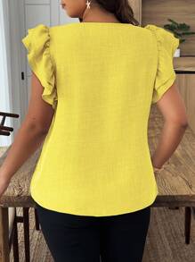 Weeklong Plus Size Relaxed Linen-Look Butterfly Pattern Short Cap Sleeve Shirt - Yellow - View 2