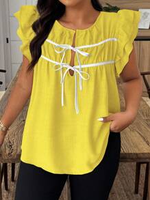 Weeklong Plus Size Relaxed Linen-Look Butterfly Pattern Short Cap Sleeve Shirt - Yellow - View 4
