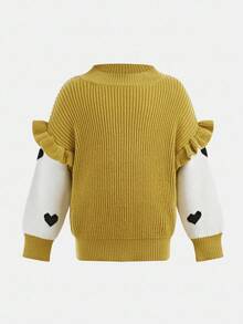 SHEIN Young Girl Colorblock Heart Jacquard Sweater & Knit Pants Set,In Fall/Winter - Yellow - View 7