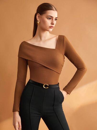 BizChic Women's Brown Elastic Fold Asymmetric Collar T-Shirt, Basic Top For Outings, Office, Business Casual Wear, Autumn