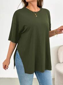 SHEIN Essnce Áo thun tay ngắn xẻ tà thời trang xuân hè rộng rãi thoải mái cho nữ cỡ lớn, kiểu dáng đơn giản, áo đi chơi, đồ mặc ở sân bay cho nữ, mùa hè châu Âu - xanh quân đội - Xem 1
