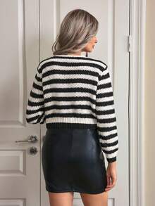 EMERY ROSE Women's Casual Striped Cardigan,Long Sleeve Tops - Black and White - View 2