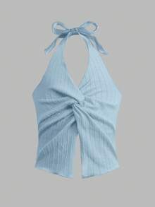 SHEIN 青少年女孩休闲度假纹理针织蝴蝶结装饰挂脖吊带背心 - 淺藍色 - 查看 7