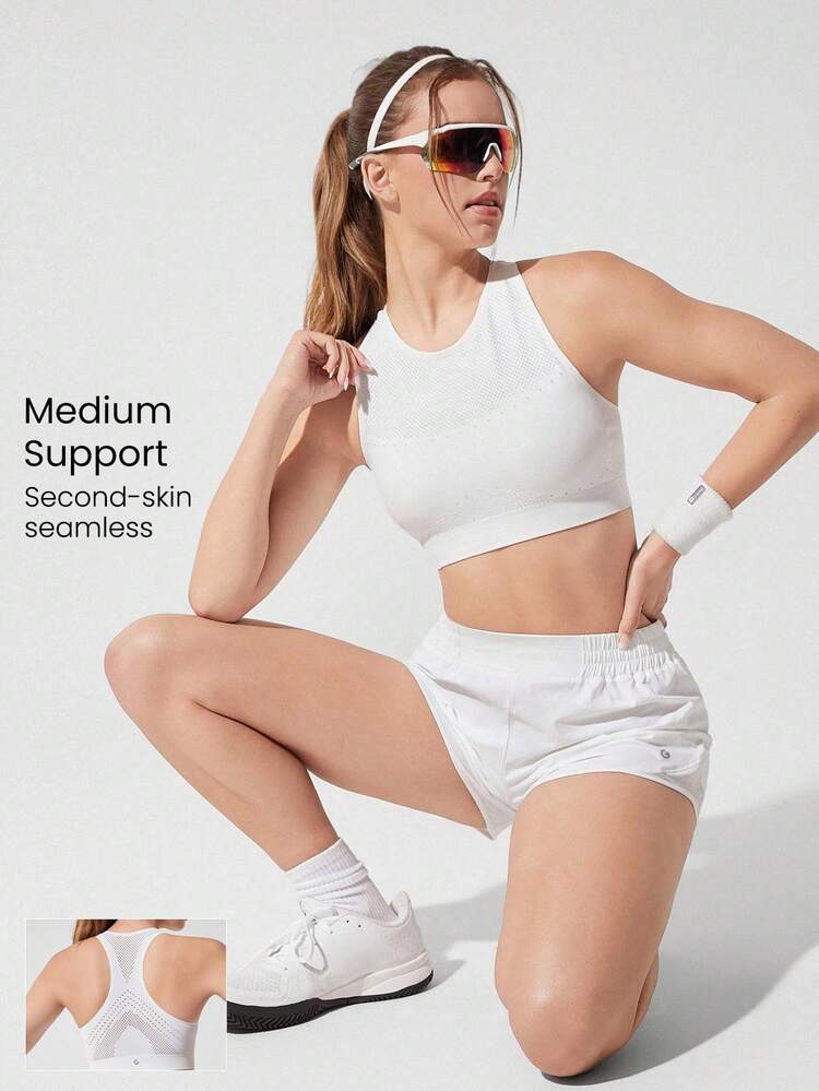 Power Up Sweat-Wicking Soft Bonding Mesh Jelly Strip Supportive Sports Bra Medium Impact Running Jogging Training Gym Workout Removable Cups