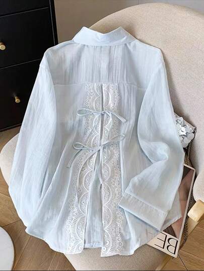 GlowEve شيربت قميص/جاكيت نسائي مكشوف الظهر مزين بحواف دانتيل نسيج ملمس منقوش، وقاية من الشمس