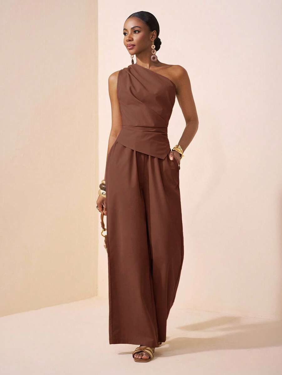 Zivah 2025夏季新款音乐节复活节母亲节婚礼生日派对日常出游基础百搭休闲网红爆款优雅通勤商务休闲一字肩百褶收腰不对称下摆女上衣直筒裤卡其色女两件套 - 棕色 - 查看 1