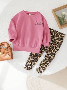 SHEIN Babygirl 秋冬可爱百搭时尚粉色长袖连帽衫和豹纹裤套装 - 彩色 - 查看 1