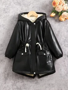 SHEIN Tween 女童休闲时尚街头风格纯色连帽抽绳腰部 PU 填充夹克，适合周末、休闲外出、返校、秋冬季 - 黑色 - 查看 4