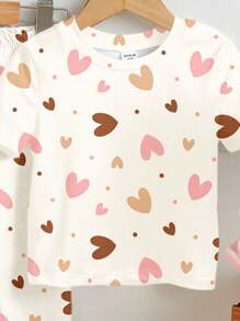 SHEIN 女婴休闲卡通印花紧身圆领短袖 T 恤和打底裤家居服套装，适合夏季 - 彩色 - 查看 4