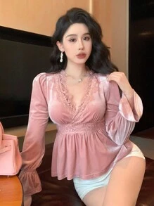 DAZY 秋冬灯芯绒加厚毛绒蕾丝拼布V领荷叶边泡泡袖腰优雅婚礼派对长袖女衬衫 - 粉色 - 查看 2