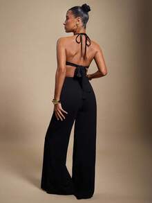 Hauture Mono de mujer sexy de unicolor con decoración de placa metálica hueca para fiesta - Negro - Ver 5