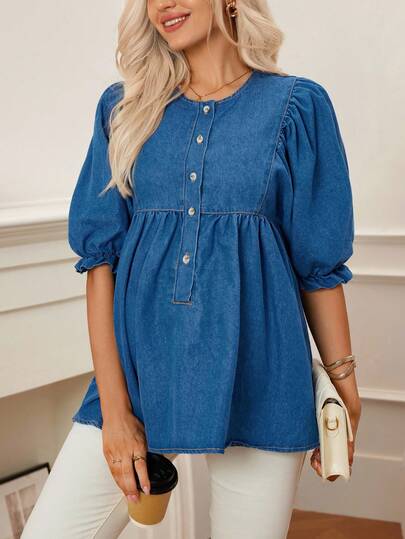 SHEIN Blouse en jean à manches bouffantes décontractée et pratique pour la maternité