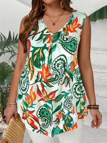 EMERY ROSE 大码女式V领纽扣无袖度假风系带上衣，时尚休闲夏季上衣，波西米亚风夏季上衣，佩斯利印花上衣，夏秋女装。 - 綠色 - 查看 1