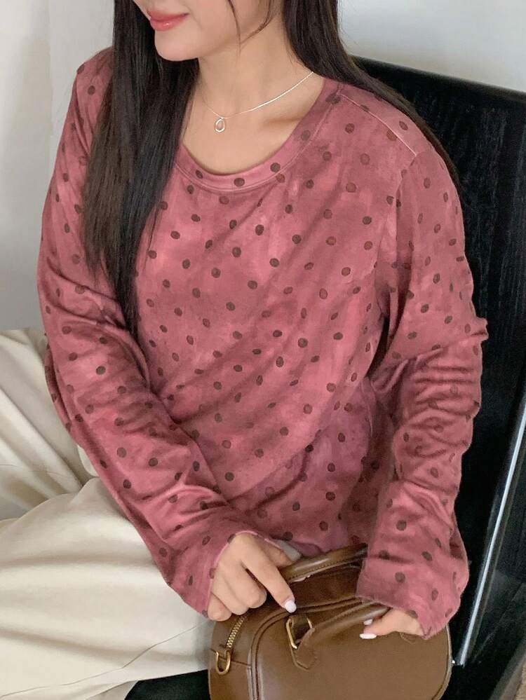 Dazy Plus Asymmetrical Print Round Neck Polka Dot Loose Casual Blouse, Plus Size For Women Long Sleeve Top