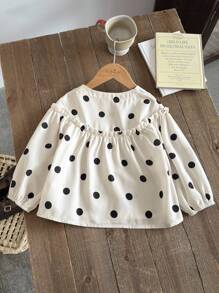 SHEIN 女童可爱波尔卡圆点印花泡泡袖休闲衬衫，适合日常外出、聚会和户外活动 - 米色 - 查看 2