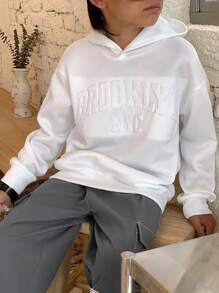 SHEIN 2pcs/Set Tween Boy 3D Letter Embossed Hoodie With Cargo Pocket And Two-Tone Sweatpants, Casual Outfit For Autumn/Winter, Suitable For School, Hangout, Vacation, All Occasions, Teen Boy Two Piece Set, Boy Kids Sweat Pants And Hoodie, 2 Piece Teen Boys Hoddie And Sweatpants Fall