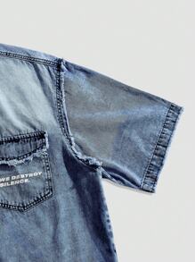 ROMWE MEN Street Life 男士宽松印花牛仔衬衫，短袖 - 中等水洗藍 - 查看 3