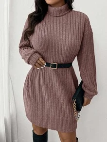 SHEIN Frenchy 休闲简约高领罗纹拉绒连衣裙，加大码，适合秋冬休闲居家穿着 - 粉色 - 查看 6