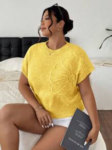 SHEIN Frenchy 大码休闲优雅3D花朵装饰圆领蝙蝠袖宽松针织毛衣 - 黃色 - 查看 4