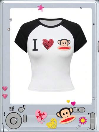 Paul Frank X ROMWE Camiseta corta ajustada de mujer con mangas raglán, gráficos de dibujos animados y letras, estilo subcultural casual